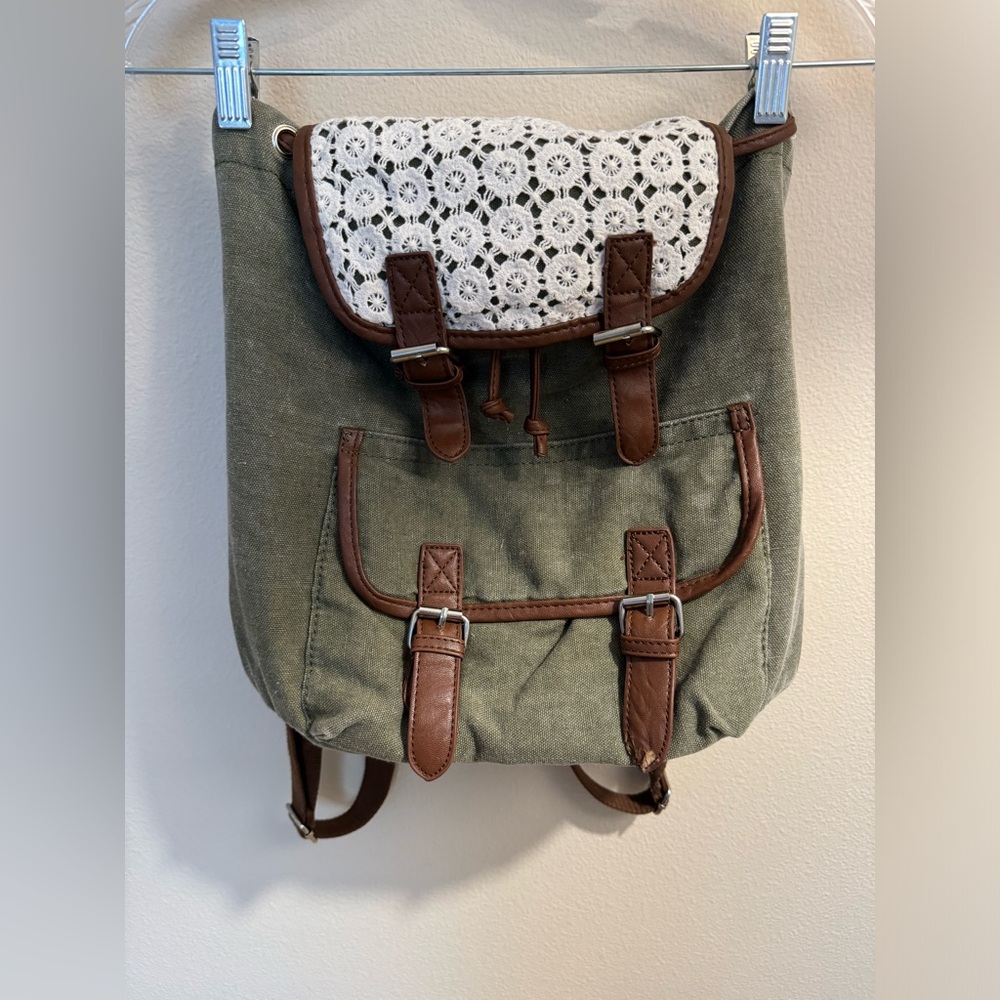 Green and White Lace Backpack with Brown Accents